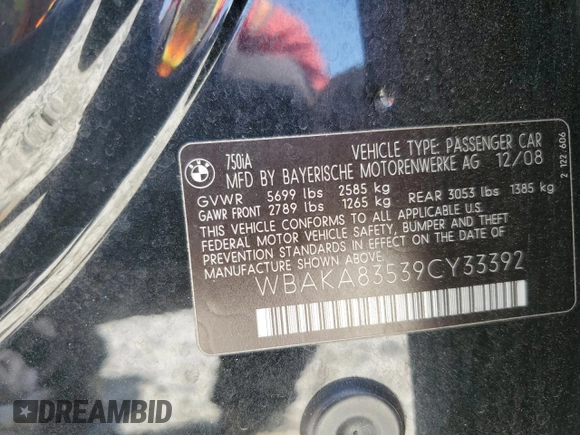 2009 BMW 7 Series 750i with VIN WBAKA83539CY33392, listed as a Copart auction lot 69851964 with 154,888 mi miles and Salvage Title. Bid and sale history available at DreamBid. Image 12.