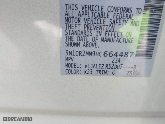 2017 Nissan Pathfinder SV with VIN 5N1DR2MN9HC664487, listed as a IAAI auction lot 41974800 with 1 mi miles. Bid and sale history available at carsss.com. Image 9.