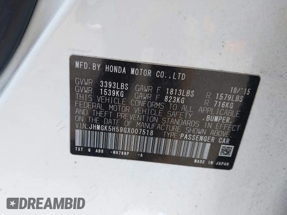 2016 Honda Fit LX with VIN JHMGK5H59GX007518, listed as a IAAI auction lot 41899665 with 68,188 mi miles. Bid and sale history available at carsss.com. Image 9.
