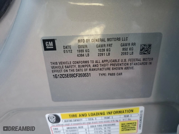 2012 Chevrolet Malibu LT w/1LT with VIN 1G1ZC5E08CF260631, listed as a Copart auction lot 82527684 with 101,410 mi miles and Salvage Title. Bid and sale history available at carsss.com. Image 12.