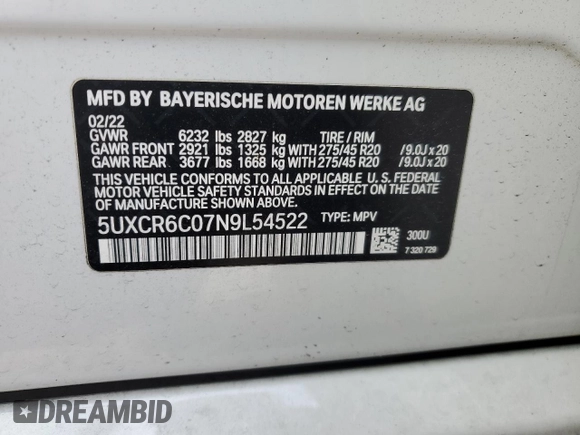 2022 BMW X5 xDrive40i with VIN 5UXCR6C07N9L54522, listed as a Copart auction lot 41493835 with Not Provided miles and Salvage Title. Bid and sale history available at DreamBid. Image 13.