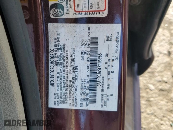 2012 Ford Fusion SEL with VIN 3FAHP0JA5CR405965, listed as a Copart auction lot 62882515 with 131,354 mi miles and Salvage title. Bid and sale history available at DreamBid. Image 13.