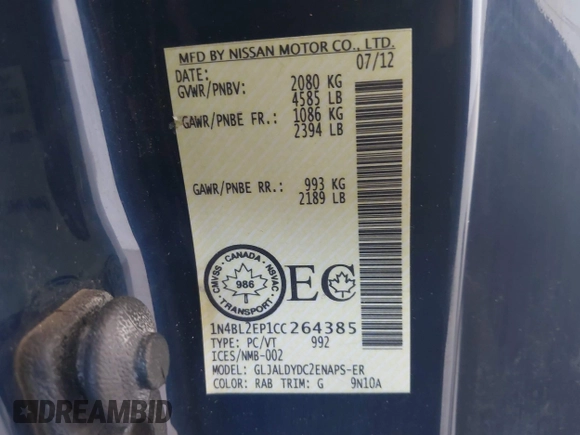 2012 Nissan Altima SR with VIN 1N4BL2EP1CC264385, listed as a IAAI auction lot 42715493 with 182,467 mi miles and . Bid and sale history available at DreamBid. Image 9.