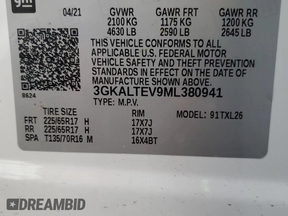 2021 GMC Terrain SLE с VIN 3GKALTEV9ML380941, выставлен на аукционе Copart как лот 57699295 с пробегом 103 273 миль миль и Списание • Salvage title. История ставок и продаж доступна на DreamBid. Изображение 13.