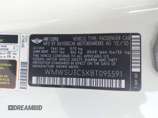 2011 MINI Hardtop with VIN WMWSU3C5XBT095591, listed as a IAAI auction lot 42366393 with 99,092 mi miles and . Bid and sale history available at DreamBid. Image 9.