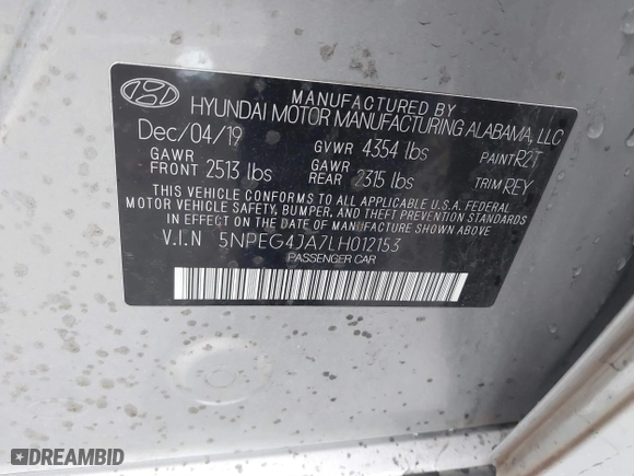 2020 Hyundai Sonata SE with VIN 5NPEG4JA7LH012153, listed as a IAAI auction lot 41748512 with 59,206 mi miles. Bid and sale history available at carsss.com. Image 9.