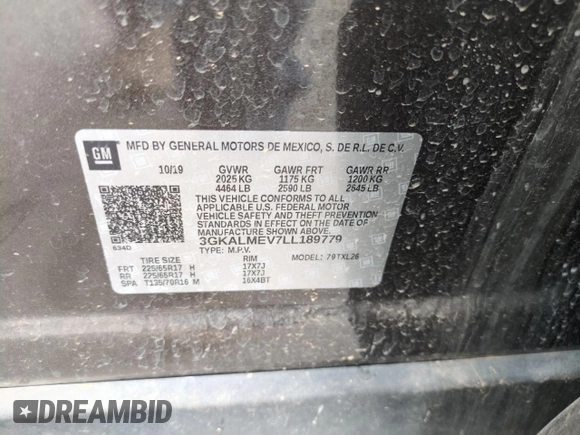 2020 GMC Terrain SLE z VIN 3GKALMEV7LL189779, wystawiony jako Copart lot #58424405 z przebiegiem 89 079 mil mil oraz Szkoda całkowita • Salvage title. Historia ofert i sprzedaży dostępna na DreamBid. Obrazek 13.