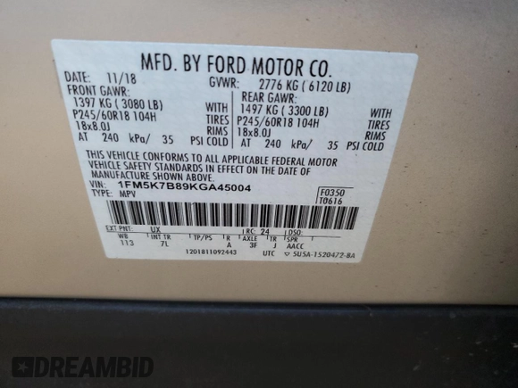 2019 Ford Explorer с VIN 1FM5K7B89KGA45004, выставлен на аукционе Copart как лот 45990845 с пробегом Не указан миль и На запчасти • Non repairable. История ставок и продаж доступна на DreamBid. Изображение 10.