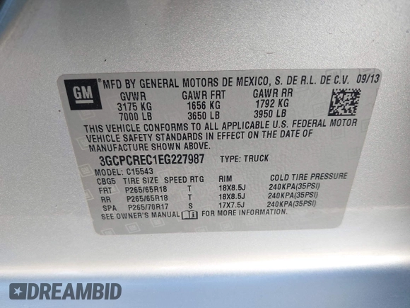 2014 Chevrolet Silverado 1500 LT with VIN 3GCPCREC1EG227987, listed as a IAAI auction lot 42065816 with 182,583 mi miles and . Bid and sale history available at DreamBid. Image 9.