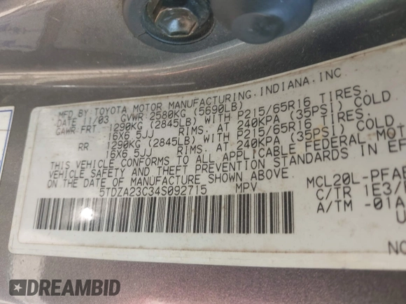2004 Toyota Sienna CE with VIN 5TDZA23C34S092715, listed as a IAAI auction lot 42148090 with 188,710 mi miles. Bid and sale history available at carsss.com. Image 9.