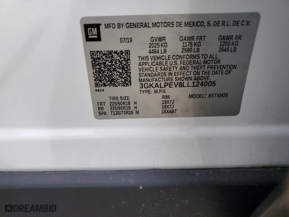 2020 GMC Terrain SLT with VIN 3GKALPEV8LL124005, listed as a Copart auction lot 46806245 with 124,270 mi miles and Salvage Title. Bid and sale history available at carsss.com. Image 13.