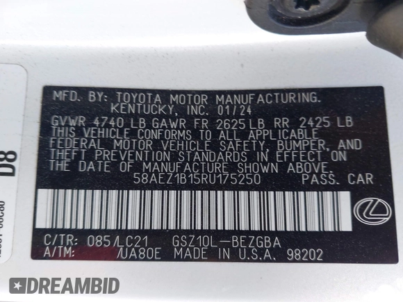 2024 Lexus ES 350 Luxury with VIN 58AEZ1B15RU175250, listed as a IAAI auction lot 42233883 with 14,483 mi miles and . Bid and sale history available at DreamBid. Image 9.