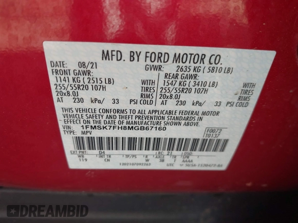 2021 Ford Explorer Limited with VIN 1FMSK7FH8MGB67160, listed as a IAAI auction lot 42030076 with 44,760 mi miles. Bid and sale history available at carsss.com. Image 9.