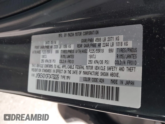 2015 Mazda CX-5 Grand Touring with VIN JM3KE4DY0F0479229, listed as a IAAI auction lot 41838381 with 139,843 mi miles. Bid and sale history available at carsss.com. Image 9.