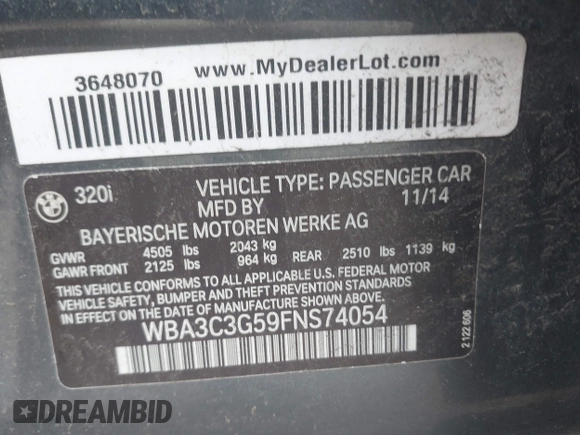 2015 BMW 3 Series 320i xDrive with VIN WBA3C3G59FNS74054, listed as a IAAI auction lot 42590270 with 132,316 mi miles and . Bid and sale history available at DreamBid. Image 9.