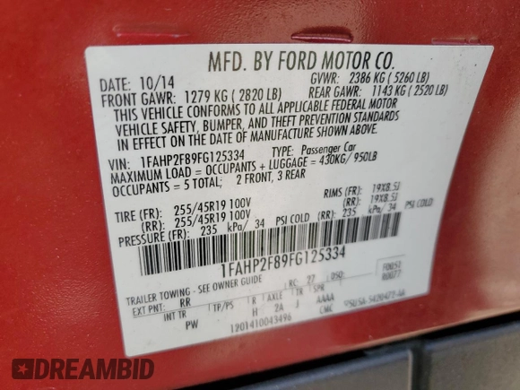 2015 Ford Taurus Limited with VIN 1FAHP2F89FG125334, listed as a Copart auction lot 49863675 with 151,270 mi miles and Salvage Title. Bid and sale history available at DreamBid. Image 12.