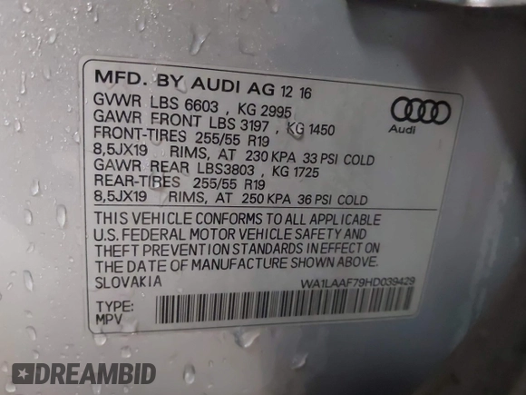 2017 Audi Q7 Premium Plus with VIN WA1LAAF79HD039429, listed as a IAAI auction lot 42194231 with 147,509 mi miles and . Bid and sale history available at DreamBid. Image 9.