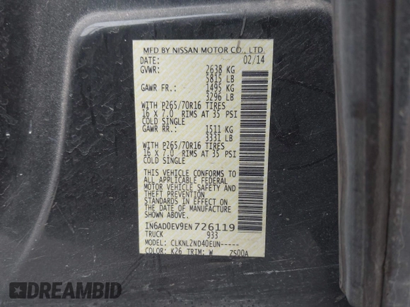 2014 Nissan Frontier SV with VIN 1N6AD0EV9EN726119, listed as a IAAI auction lot 41349641 with 139,652 mi miles and . Bid and sale history available at DreamBid. Image 9.