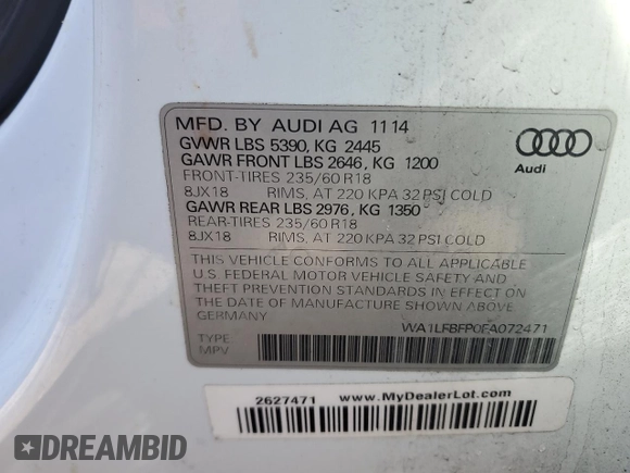 2015 Audi Q5 Premium Plus with VIN WA1LFBFP0FA072471, listed as a Copart auction lot 46832205 with 158,976 mi miles and Salvage title. Bid and sale history available at DreamBid. Image 14.