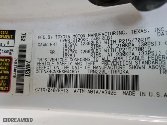 2011 Toyota Tacoma with VIN 5TFNX4CNXBX004857, listed as a Copart auction lot 52336885 with 152,356 mi miles and Clean Title. Bid and sale history available at carsss.com. Image 12.
