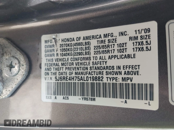 2010 Honda CR-V EX-L with VIN 5J6RE4H75AL019882, listed as a IAAI auction lot 42146343 with 187,726 mi miles and . Bid and sale history available at DreamBid. Image 9.