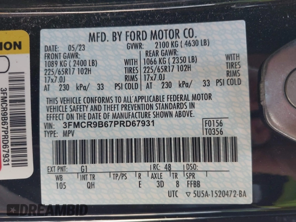 2023 Ford Bronco Sport Big Bend z VIN 3FMCR9B67PRD67931, wystawiony jako IAAI lot #42474847 z przebiegiem 27 902 mil mil oraz . Historia ofert i sprzedaży dostępna na DreamBid. Obrazek 9.