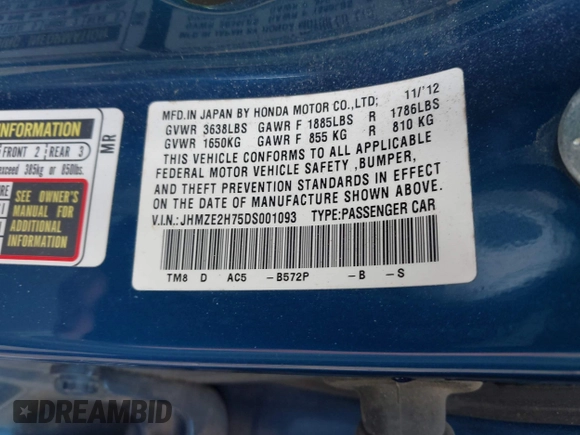 2013 Honda Insight EX with VIN JHMZE2H75DS001093, listed as a IAAI auction lot 42346816 with 153,488 mi miles and . Bid and sale history available at DreamBid. Image 9.