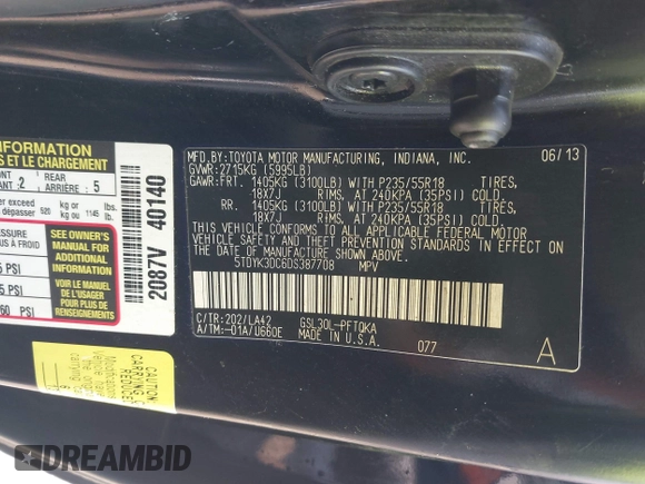 2013 Toyota Sienna XLE AAS with VIN 5TDYK3DC6DS387708, listed as a IAAI auction lot 41902860 with 191,766 mi miles and . Bid and sale history available at carsss.com. Image 9.