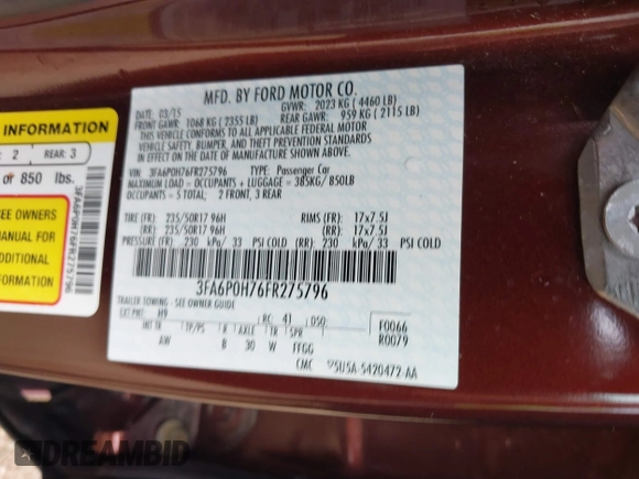 2015 Ford Fusion SE with VIN 3FA6P0H76FR275796, listed as a IAAI auction lot 42384326 with Not provided miles and . Bid and sale history available at DreamBid. Image 9.