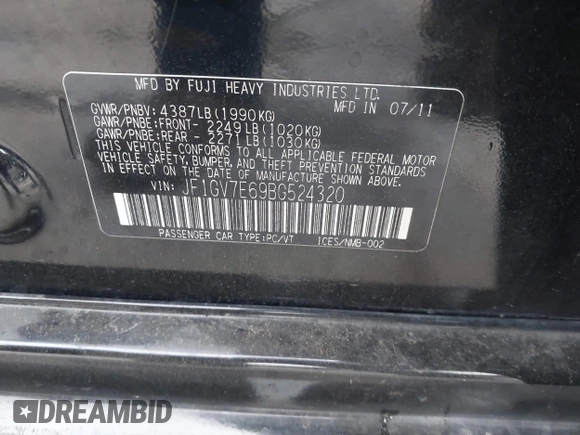 2011 Subaru WRX WRX z VIN JF1GV7E69BG524320, wystawiony jako IAAI lot #41777610 z przebiegiem Nie podano mil oraz . Historia ofert i sprzedaży dostępna na DreamBid. Obrazek 9.