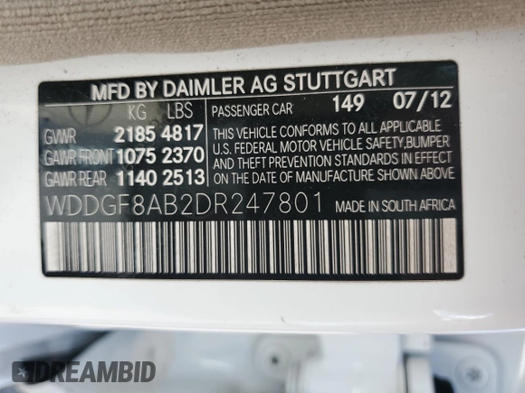 2013 Mercedes-Benz C 300 Sport с VIN WDDGF8AB2DR247801, выставлен на аукционе Copart как лот 62273505 с пробегом 163 472 миль миль и Списание • Salvage title. История ставок и продаж доступна на DreamBid. Изображение 12.