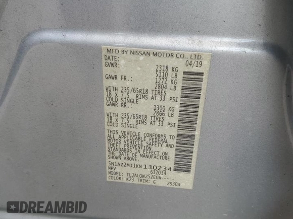 2019 Nissan Murano SV z VIN 5N1AZ2MJ1KN130234, wystawiony jako Copart lot #57672575 z przebiegiem 43 442 mil mil oraz Szkoda całkowita • Salvage title. Historia ofert i sprzedaży dostępna na DreamBid. Obrazek 13.
