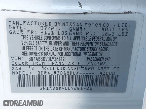 2020 Nissan Sentra SR with VIN 3N1AB8DV0LY261421, listed as a IAAI auction lot 41752418 with 42,971 mi miles and . Bid and sale history available at DreamBid. Image 9.