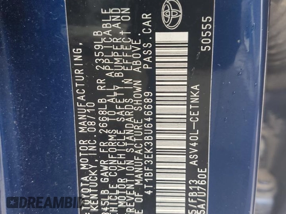2011 Toyota Camry LE with VIN 4T1BF3EK3BU646689, listed as a Copart auction lot 57516425 with 127,737 mi miles and Clean title. Bid and sale history available at DreamBid. Image 13.