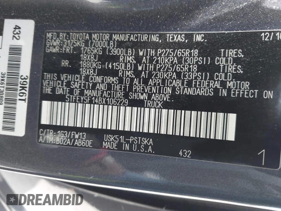 2011 Toyota Tundra z VIN 5TFEY5F14BX106229, wystawiony jako IAAI lot #42118006 z przebiegiem 96 465 mil mil oraz . Historia ofert i sprzedaży dostępna na DreamBid. Obrazek 9.
