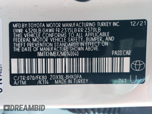 2021 Toyota C-HR LE z VIN NMTKHMBX2MR140040, wystawiony jako Copart lot #50598335 z przebiegiem Nie podano mil oraz Szkoda całkowita • Salvage title. Historia ofert i sprzedaży dostępna na DreamBid. Obrazek 14.