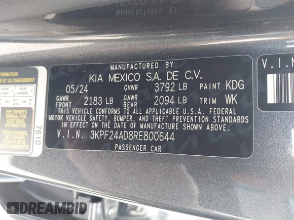 2024 Kia Forte LXS with VIN 3KPF24AD8RE800644, listed as a IAAI auction lot 41750529 with 12,339 mi miles and . Bid and sale history available at DreamBid. Image 9.