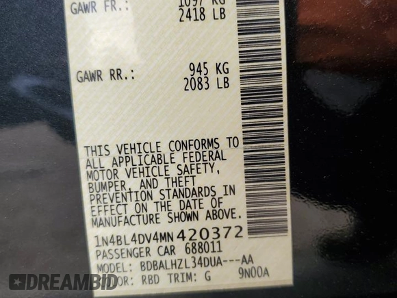 2021 Nissan Altima SV z VIN 1N4BL4DV4MN420372, wystawiony jako Copart lot #54734995 z przebiegiem 98 282 mil mil oraz Szkoda całkowita • Salvage title. Historia ofert i sprzedaży dostępna na DreamBid. Obrazek 12.