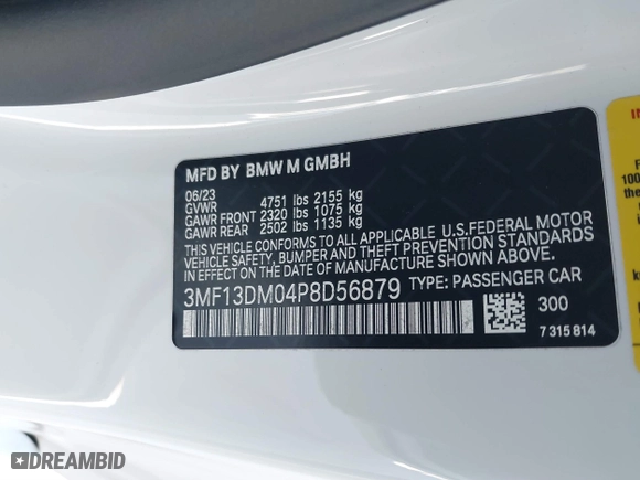 2023 BMW M2 with VIN 3MF13DM04P8D56879, listed as a IAAI auction lot 41174901 with 11,459 mi miles. Bid and sale history available at carsss.com. Image 9.