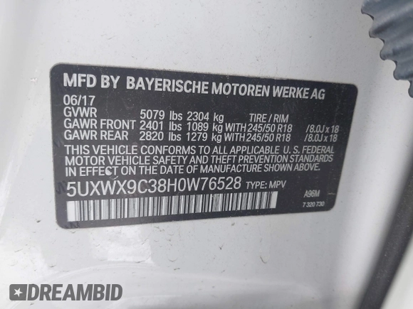 2017 BMW X3 xDrive28i z VIN 5UXWX9C38H0W76528, wystawiony jako IAAI lot #41543645 z przebiegiem 76 108 mil mil oraz . Historia ofert i sprzedaży dostępna na DreamBid. Obrazek 9.