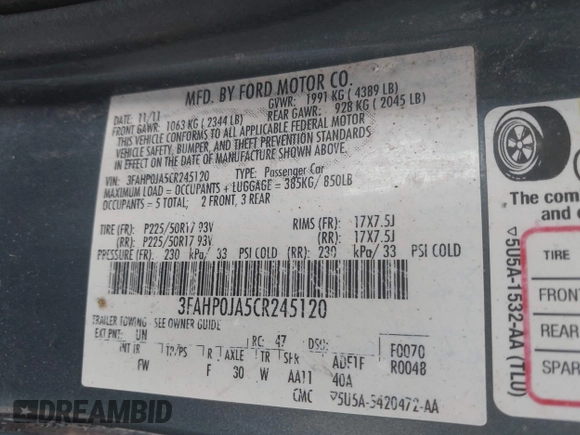2012 Ford Fusion SEL with VIN 3FAHP0JA5CR245120, listed as a IAAI auction lot 42271193 with 259,806 mi miles and . Bid and sale history available at DreamBid. Image 9.