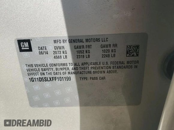 2015 Chevrolet Malibu LT with VIN 1G11D5SLXFF101199, listed as a Copart auction lot 53804175 with 91,773 mi miles and Salvage Title. Bid and sale history available at DreamBid. Image 12.