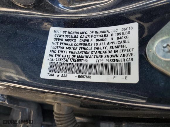2019 Honda Insight LX with VIN 19XZE4F17KE002595, listed as a Copart auction lot 51272415 with 110,174 mi miles and Salvage Title. Bid and sale history available at carsss.com. Image 12.