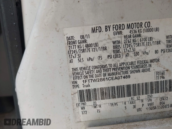 2012 Ford F-250 XL with VIN 1FT7W2B61CEA07489, listed as a IAAI auction lot 42036011 with 249,546 mi miles and . Bid and sale history available at DreamBid. Image 9.
