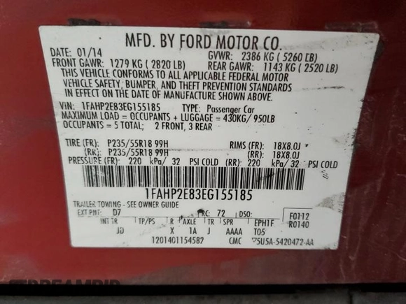 2014 Ford Taurus SEL with VIN 1FAHP2E83EG155185, listed as a Copart auction lot 54262355 with 0 mi miles and Salvage Title. Bid and sale history available at carsss.com. Image 13.