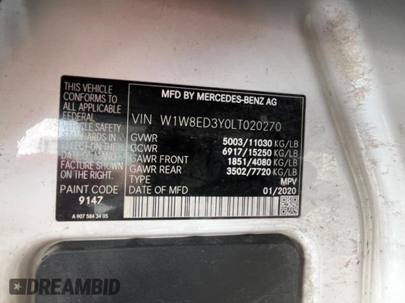 2020 Mercedes-Benz Sprinter with VIN W1W8ED3Y0LT020270, listed as a Copart auction lot 61174904 with 196,549 mi miles and . Bid and sale history available at DreamBid. Image 10.