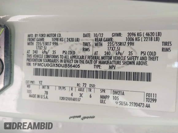 2013 Ford Escape SE with VIN 1FMCU0GX5DUB56405, listed as a IAAI auction lot 41829491 with 165,885 mi miles. Bid and sale history available at carsss.com. Image 9.