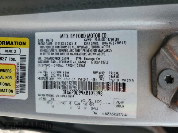 2019 Ford Fusion Titanium with VIN 3FA6P0D99KR105398, listed as a Copart auction lot 54786845 with 122,776 mi miles and Salvage title. Bid and sale history available at DreamBid. Image 13.