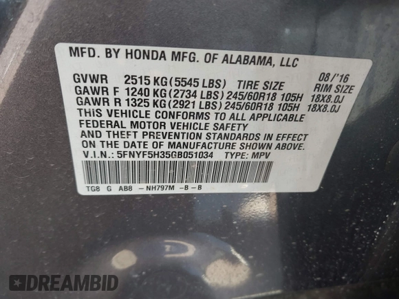 2016 Honda Pilot EX with VIN 5FNYF5H35GB051034, listed as a IAAI auction lot 40572529 with 116,859 mi miles. Bid and sale history available at carsss.com. Image 9.