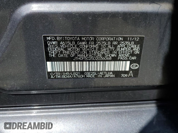 2013 Lexus IS 250 with VIN JTHCF5C25D2036068, listed as a Copart auction lot 52014305 with 130,819 mi miles and Salvage Title. Bid and sale history available at carsss.com. Image 12.